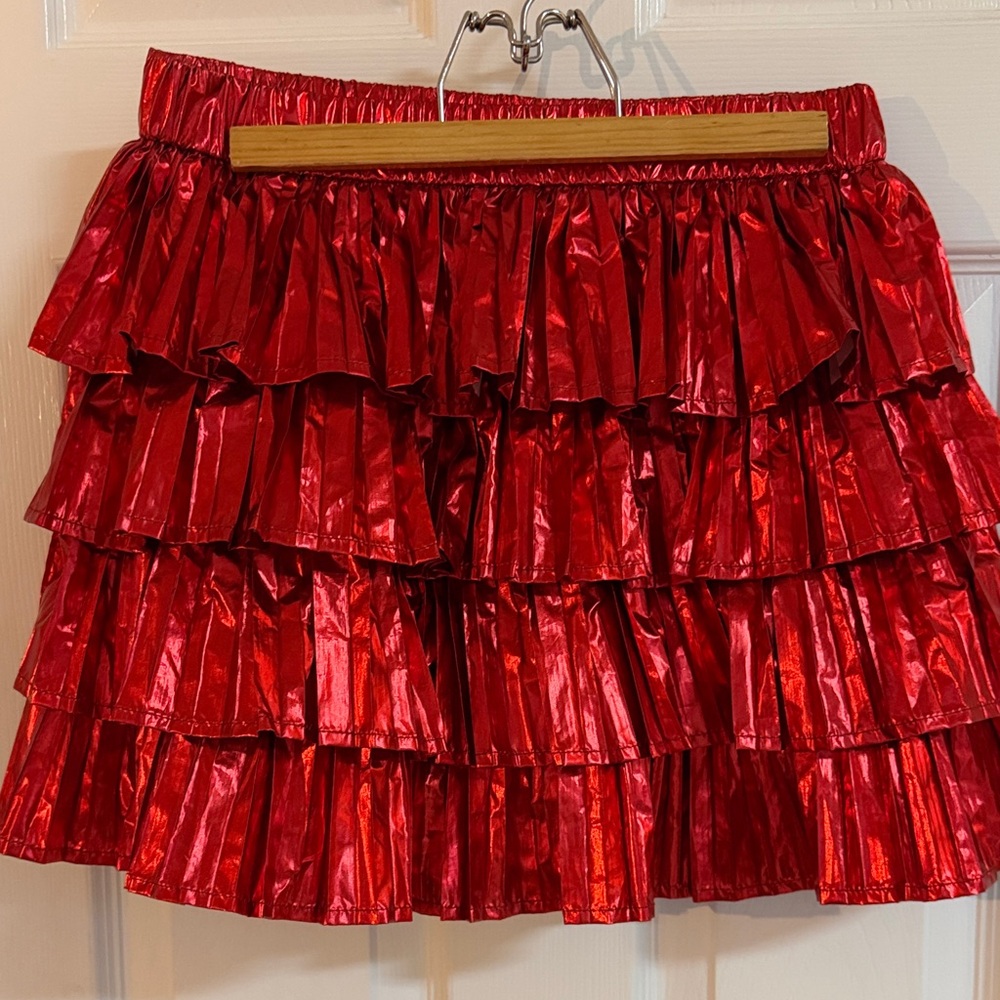 QUEEN OF SPARKLES Metallic Red Tiered Mini Skirt